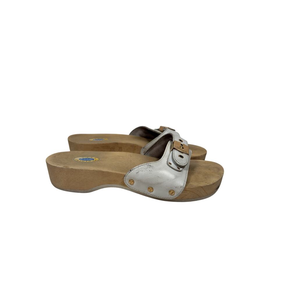 Dr. Scholl's Original Wood Sandals Womens 7 White Leather Platform Wedge Slip On